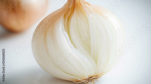 Onion Close-Up: A single onion, with its papery layers peeled back to reveal the delicate, white flesh, sits on a neutral background, inviting a culinary adventure.