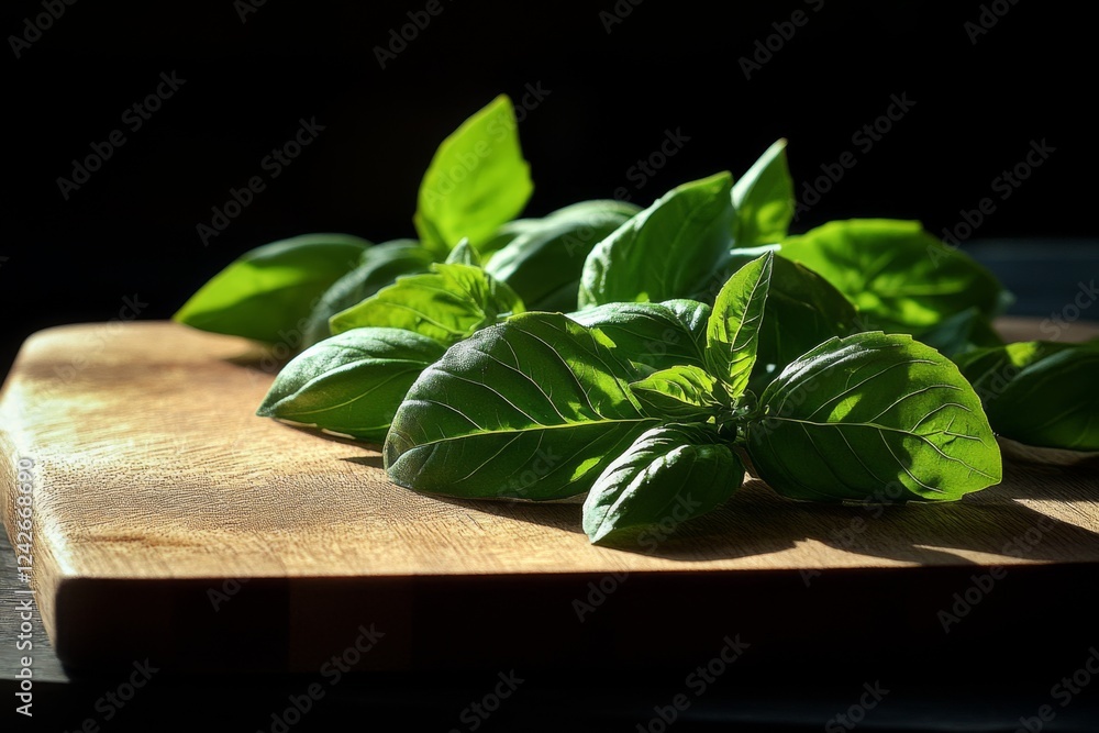 Fresh basil leaves arranged on a rustic wooden surface Fresh basil leaves arranged on a rustic wooden surface