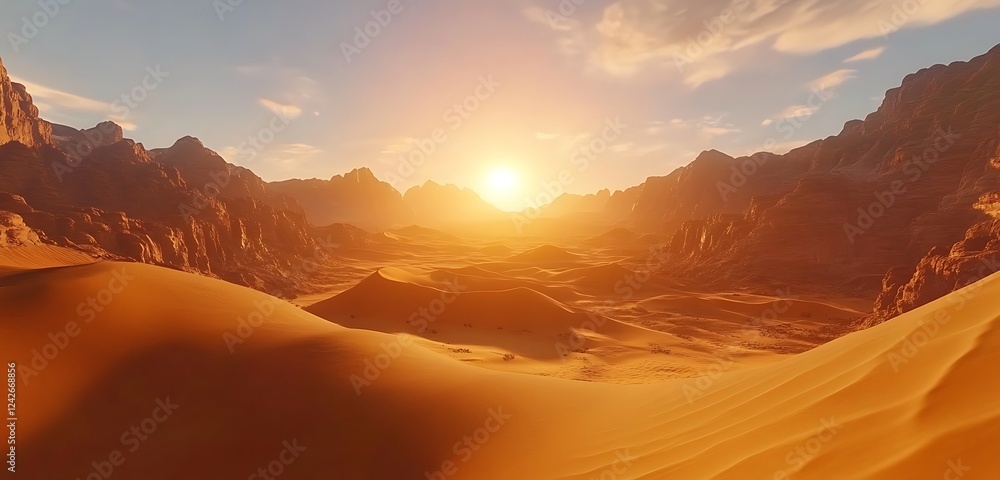 Naklejka premium A breathtaking desert scene with rolling dunes and the sun setting in the background