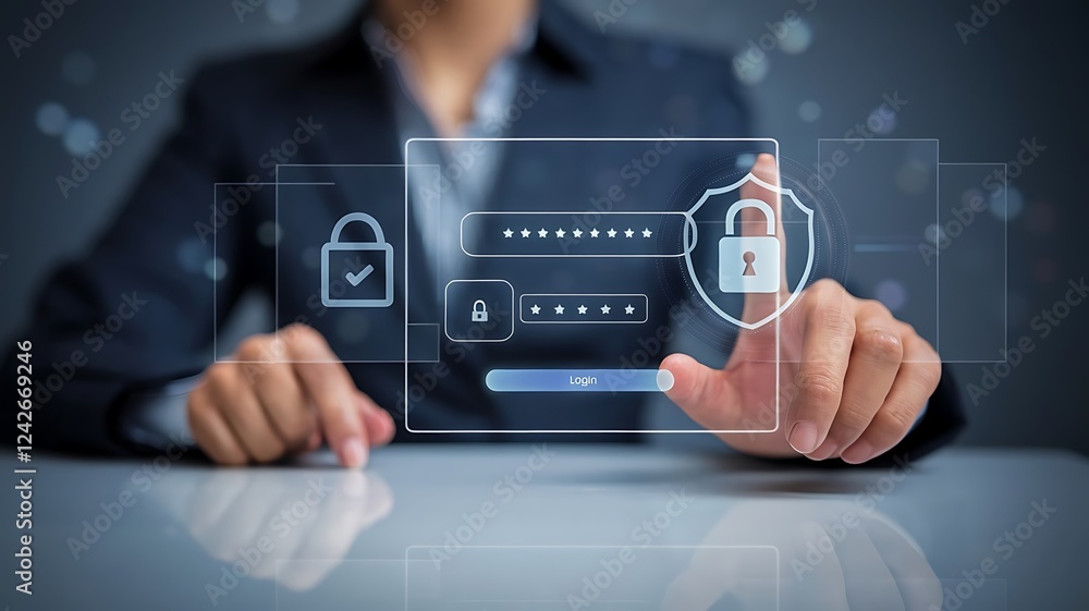 Fototapeta premium businessman pressing the virtual button MFA, multi-factor authentication. cloud computing concept, cloud technology, Saas, Paas, Iaas. AWS Services