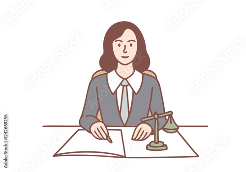Working as judge in court concept. Serious woman judge sitting and processing sitting trial with official papers finishing process. Hand drawn style vector design illustrations.
