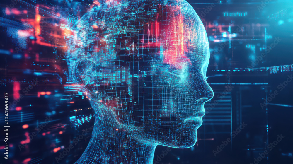 Futuristic digital head with glowing data streams and holographic elements, representing advanced technology and artificial intelligence. captivating vision of future Futuristic digital head with glowing data streams and holographic elements, representing advanced technology and artificial intelligence. captivating vision of future