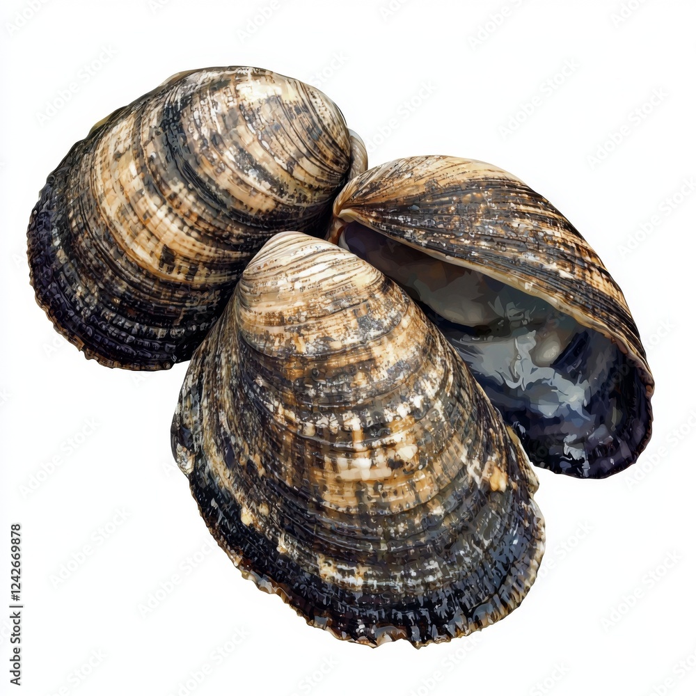 Beautifully patterned shell close-up showcasing intricate textures and colors of a natural clam variety on a white background Beautifully patterned shell close-up showcasing intricate textures and colors of a natural clam variety on a white background