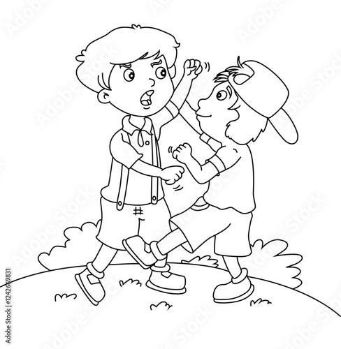 Cute cartoon hand drawn vector children fighting coloring page.