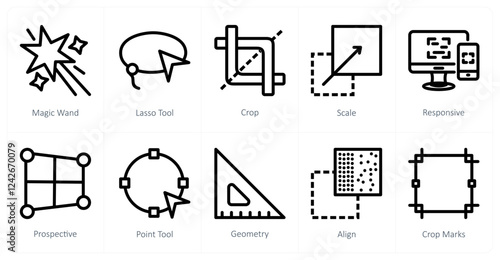 A set of 10 design icons as magic wand, lasso tool, crop