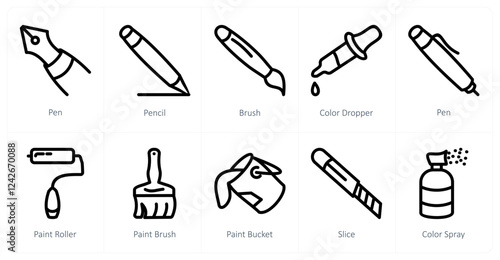 A set of 10 design icons as pen, pencil, brush