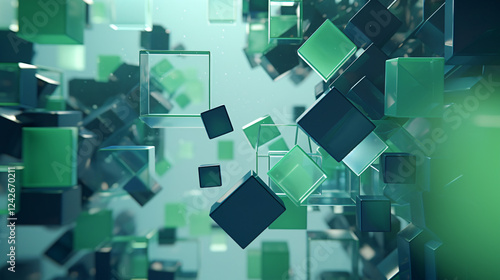 A 3D render showcasing six geometric shapes in varying sizes falling on a green background with cubes and dynamic lines, ideal for tech-themed visuals and abstract design compositions.

