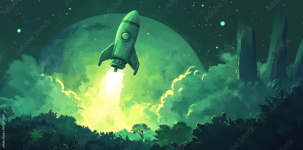Fototapeta premium Green Rocket Launches From Lush Alien Planet