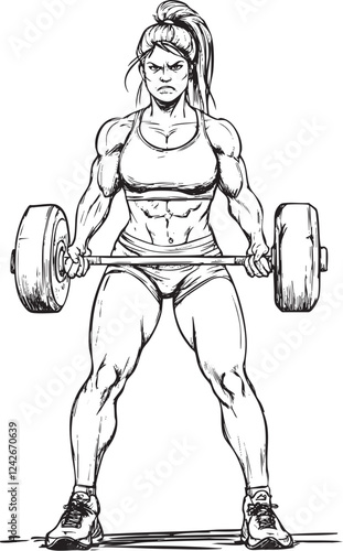 Strong Female Deadlifter Line Art Vector Illustration