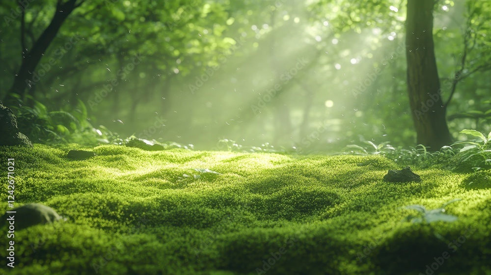 Fototapeta premium Serene Moss-Covered Forest with Vibrant Green Light and Atmosphere