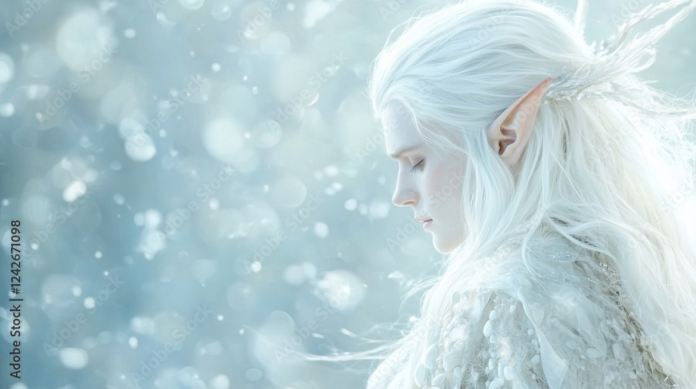 Ice Queen's Lament: An ethereal elf with long, flowing white hair and pointed ears, stands in a snow flurry, her expression melancholic, creating a captivating fantasy scene. Ice Queen's Lament: An ethereal elf with long, flowing white hair and pointed ears, stands in a snow flurry, her expression melancholic, creating a captivating fantasy scene.