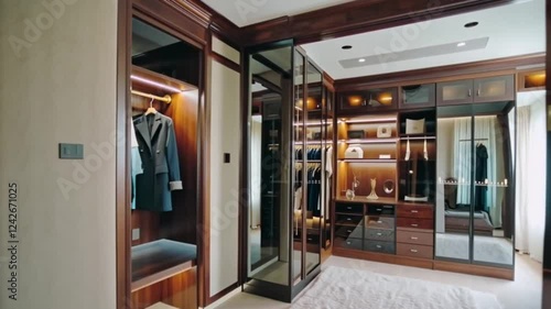 A walk-in closet in a luxury apartment, featuring velvet-lined drawers, glass display cases, and backlit shelves.