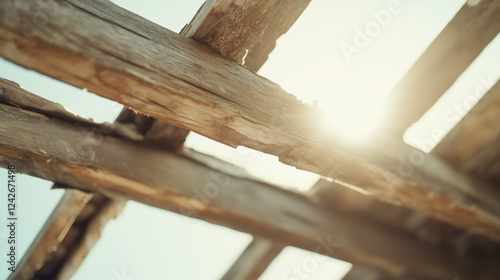 Sunlit Wooden Beams:  Close...