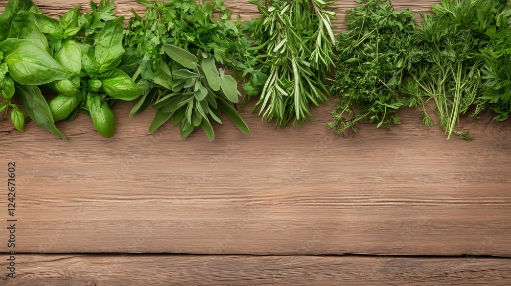Aromatic Herb Border: A rustic wooden surface is adorned with a vibrant border of fresh herbs, including basil, sage, rosemary, and parsley, creating a culinary canvas of tantalizing flavors. Aromatic Herb Border: A rustic wooden surface is adorned with a vibrant border of fresh herbs, including basil, sage, rosemary, and parsley, creating a culinary canvas of tantalizing flavors.