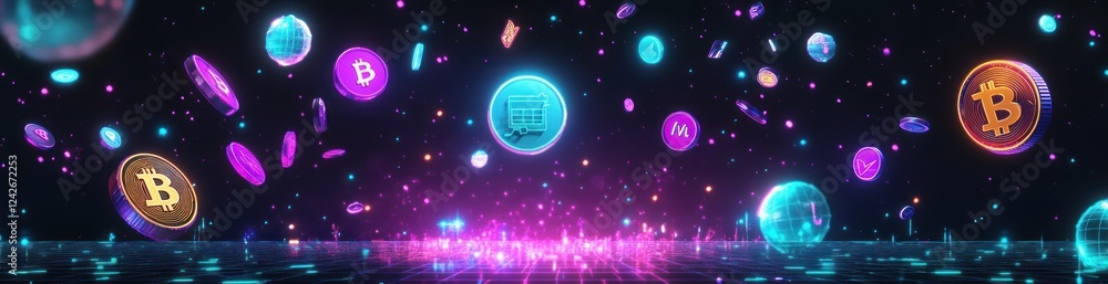 Obraz premium Glowing cryptocurrency coins falling on dark background.