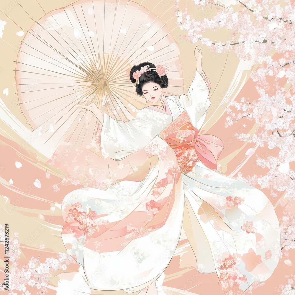 Geisha Dancing Under Cherry Blossoms With Parasol Geisha Dancing Under Cherry Blossoms With Parasol