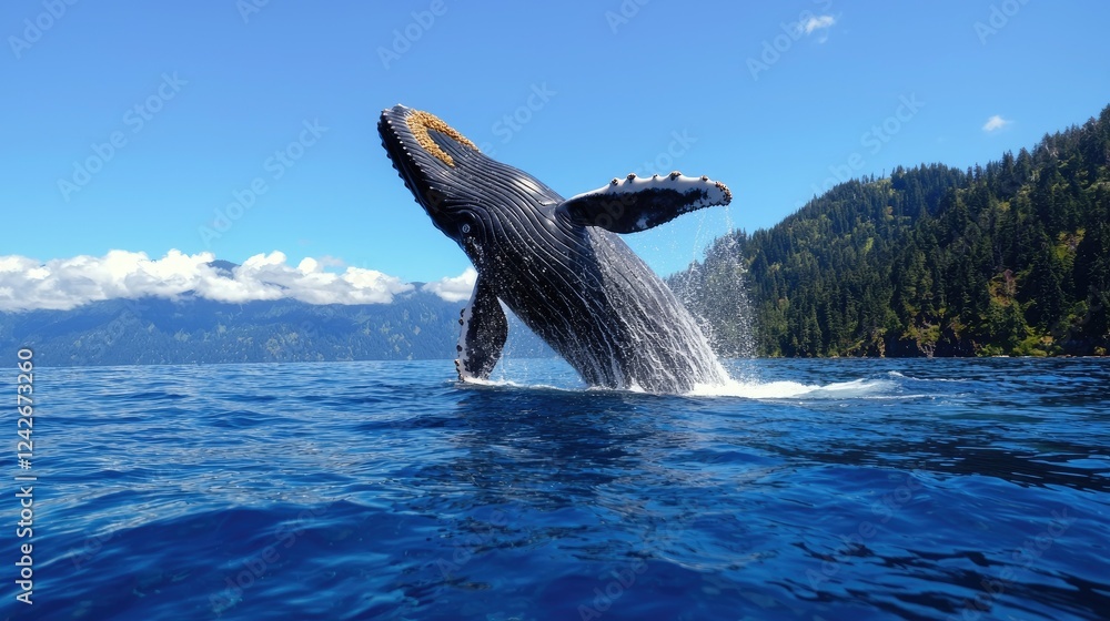 Fototapeta premium Humpback whale breaching, ocean, mountains, wildlife