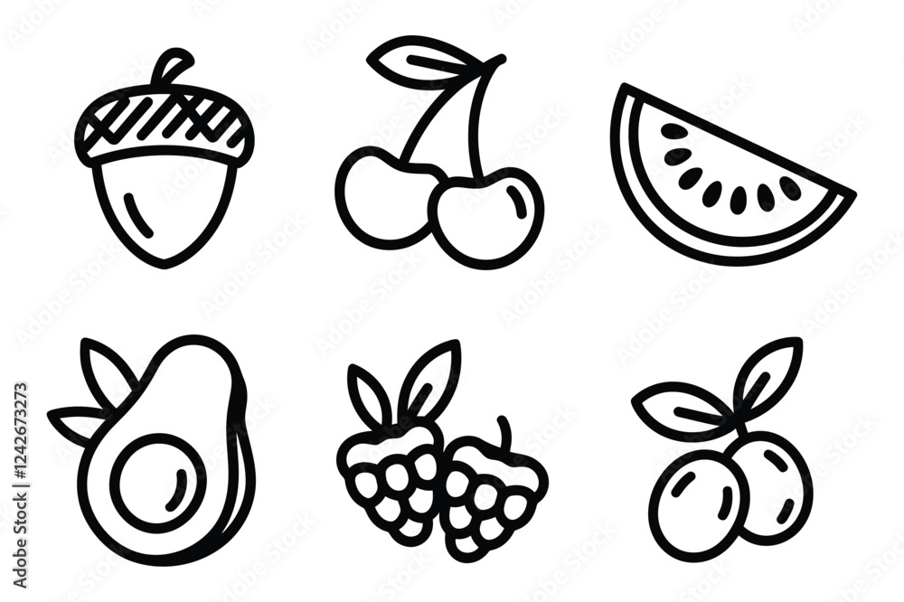 Fototapeta premium Minimalist fruit line icons set of 6 vector elements, organic food symbols including cherry watermelon avocado and berries, black outline fruit illustrations for healthy lifestyle branding