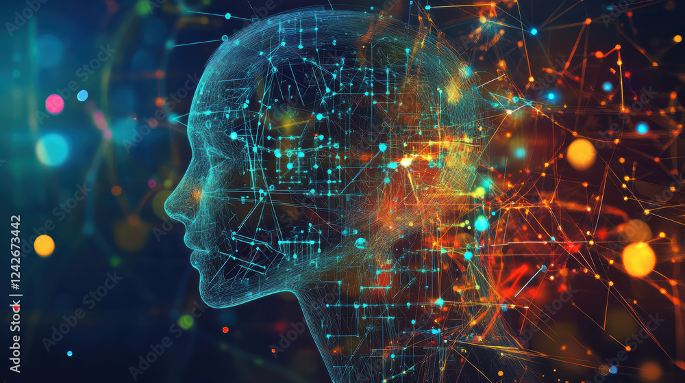 Fototapeta premium Digital human head silhouette with vibrant neural connections and data visualization, representing machine learning and artificial intelligence concepts
