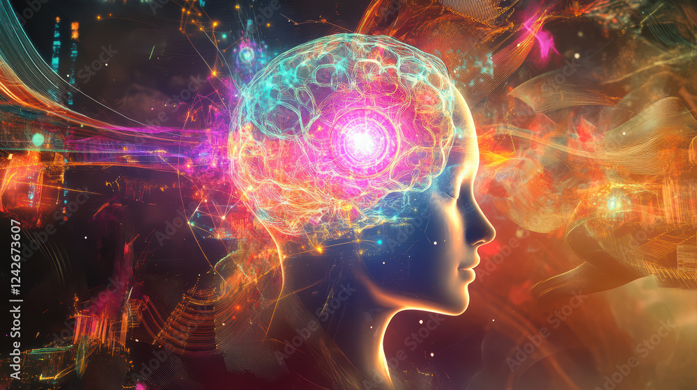 Obraz premium Vibrant visualization of machine learning concepts with glowing brain, showcasing neural connections and abstract patterns, representing fusion of technology and intelligence