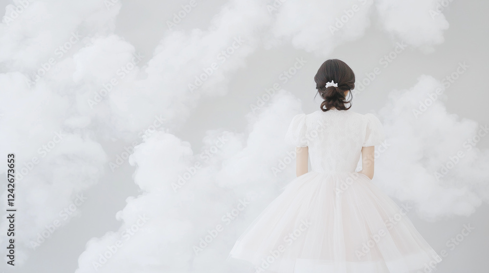 Dreamlike Escape: A young woman in a white dress, viewed from behind, stands amidst a surreal landscape of fluffy clouds, creating a dreamy and ethereal atmosphere.