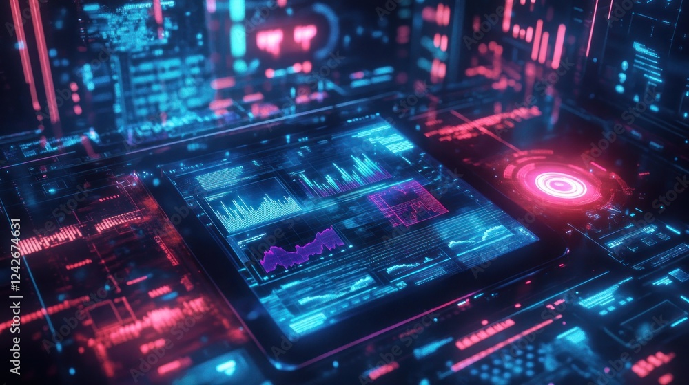 Futuristic tablet displaying vibrant data visualizations and graphs, surrounded by digital interfaces. Futuristic tablet displaying vibrant data visualizations and graphs, surrounded by digital interfaces.