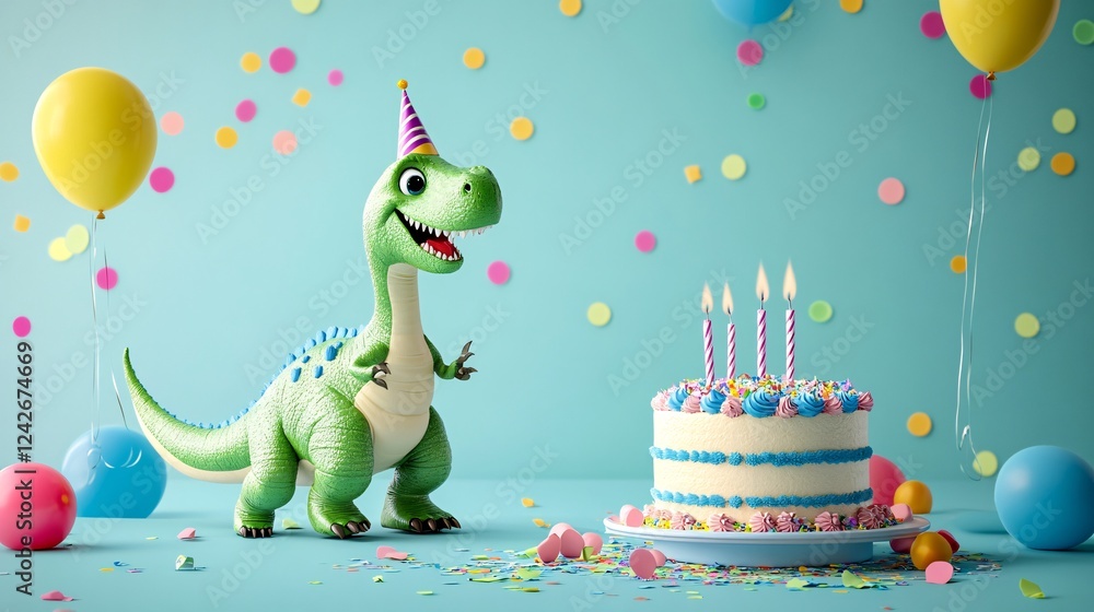 Obraz premium Happy green dinosaur enjoying a birthday cake and colorful balloons against a blue backdrop