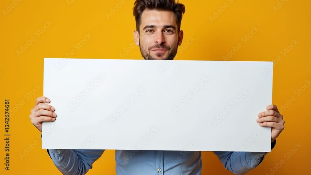 A cheerful young man with styled hair holding a blank white sign against a vibrant yellow backdrop, perfect for showcasing personalized messages or advertisements.