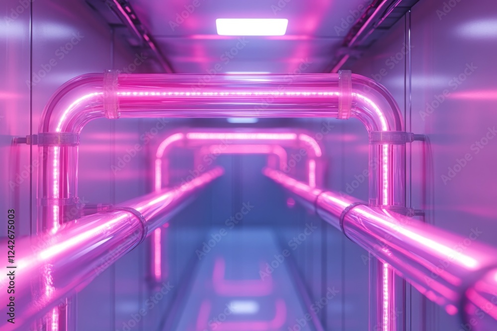 Futuristic glowing corridor with bright neon lights in purple and blue Futuristic glowing corridor with bright neon lights in purple and blue
