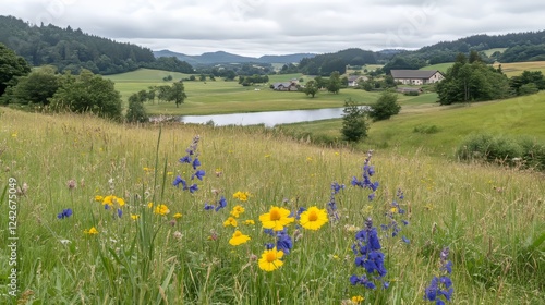 Summer Meadow Landscape with Pond and Distant Farms