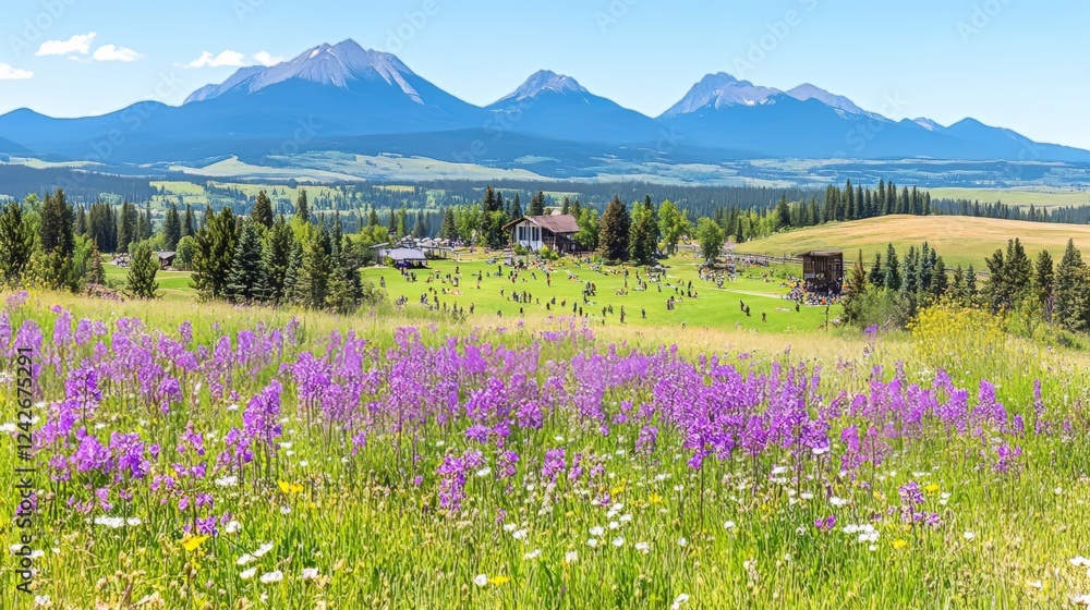 Fototapeta premium Summer Meadow, Mountain View, People Relaxing