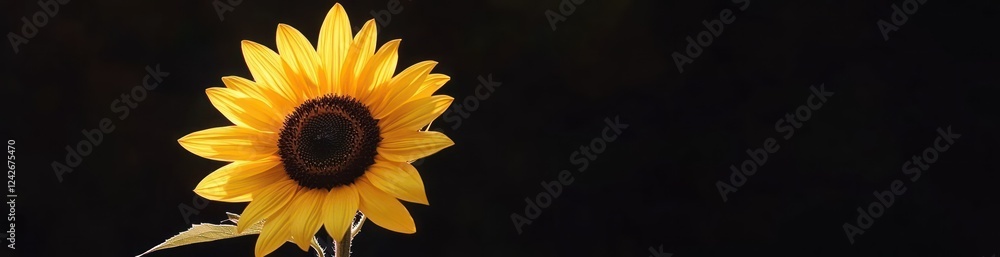 Obraz premium Single sunflower against a black background.