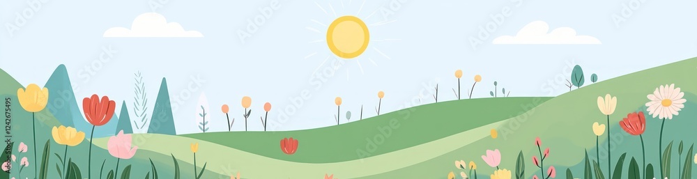 Fototapeta premium Sunny spring meadow landscape with colorful flowers and rolling hills.