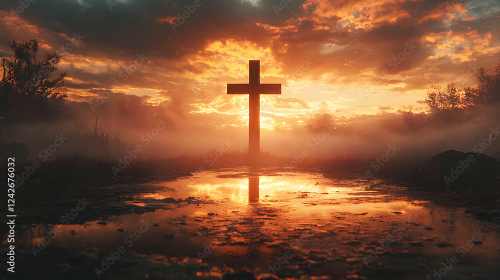 Sunset Cross Reflection: Peaceful Hope at Dusk Sunset Cross Reflection: Peaceful Hope at Dusk
