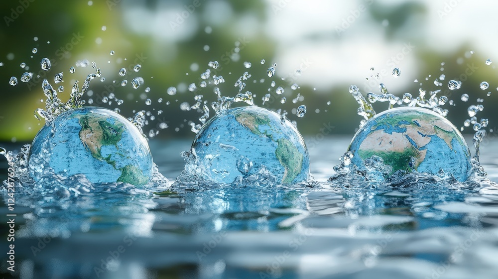 Three Earth Globes Splashing in Water, Representing Planetary Awareness and Environmental Themes on a Bright Day with Nature Background Three Earth Globes Splashing in Water, Representing Planetary Awareness and Environmental Themes on a Bright Day with Nature Background