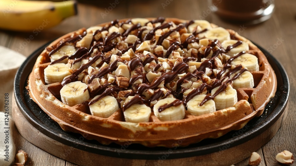 Obraz premium Delicious Warm Waffle with Generous Layer of Chocolate Drizzle