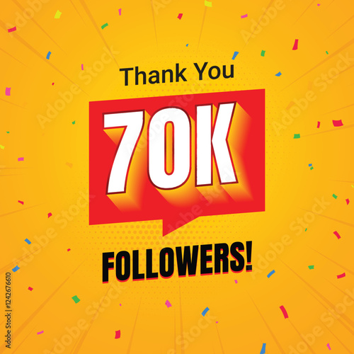 70k social media followers and subscribers template, greeting banner for fans, vector background for achievement celebration template, five thousands followers and subscribers with yellow background.