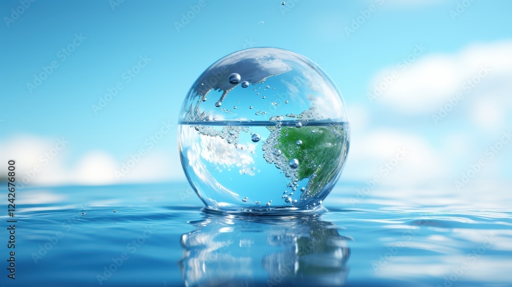 Beautiful globe of Earth in clear water with reflections and blue sky, symbolizing connection between planet and water for World Water Day awareness Beautiful globe of Earth in clear water with reflections and blue sky, symbolizing connection between planet and water for World Water Day awareness