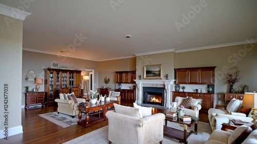 A cozy luxury apartment with warm wooden furniture, soft textiles, and a fireplace, offering a serene retreat.