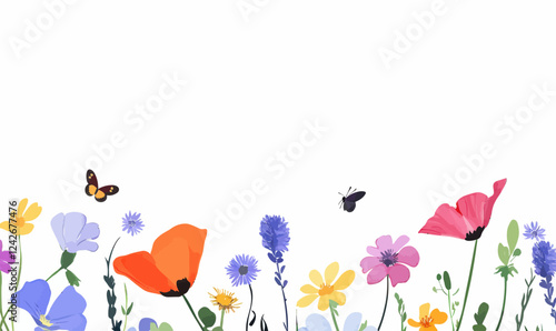 Vibrant Summer Wildflowers and Butterflies Vector: Poppies, Chamomile, Lavender