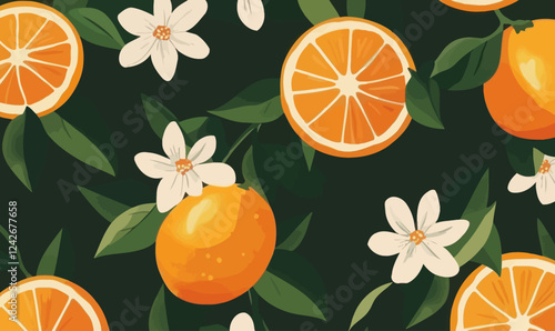 Minimalist Orange and Floral Vector Pattern with Leaves for Textile Design