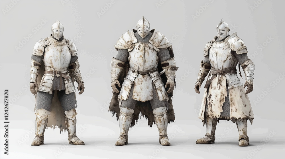 Weathered Knights: Three valiant knights stand in a row, their weathered armor bearing testament to battles fought and victories won. Each knight's armor shows unique signs of wear and tear. Weathered Knights: Three valiant knights stand in a row, their weathered armor bearing testament to battles fought and victories won. Each knight's armor shows unique signs of wear and tear.