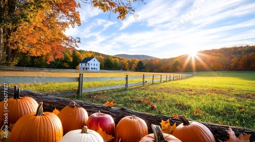 Autumn farm scene, pumpkins, sunset photo