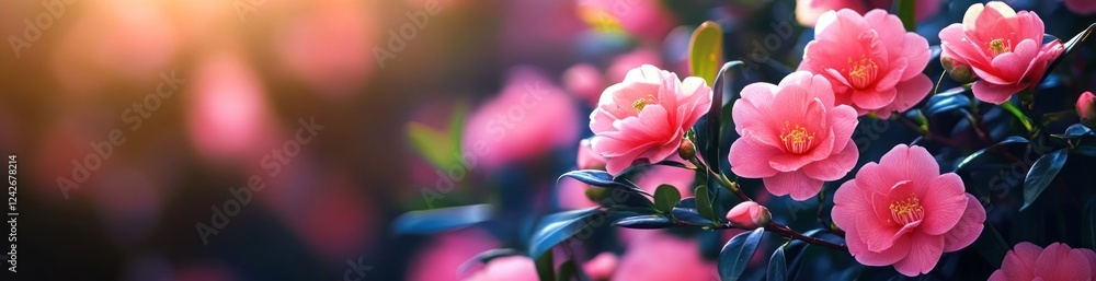 Fototapeta premium Pink camellia blossoms in sunlight.