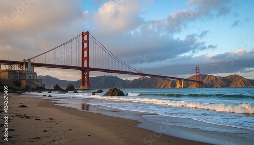 Golden Gate Bridge in San Francisco at sunset with a scenic view of the bay and city skyline
