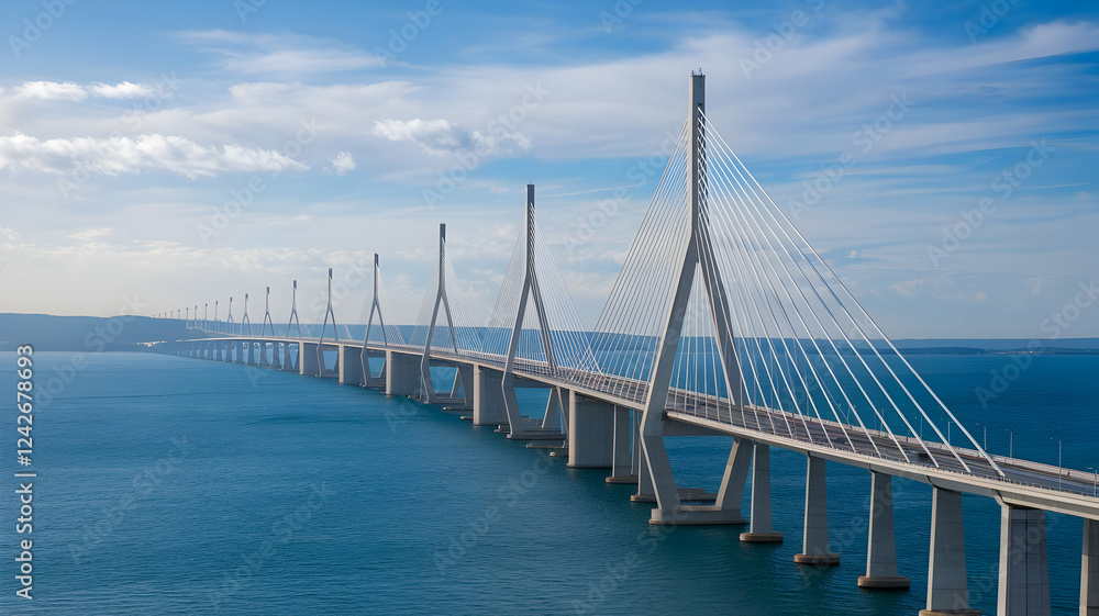 Fototapeta premium Stunning Cable-Stayed Bridge Over Blue Ocean Under Clear Sky