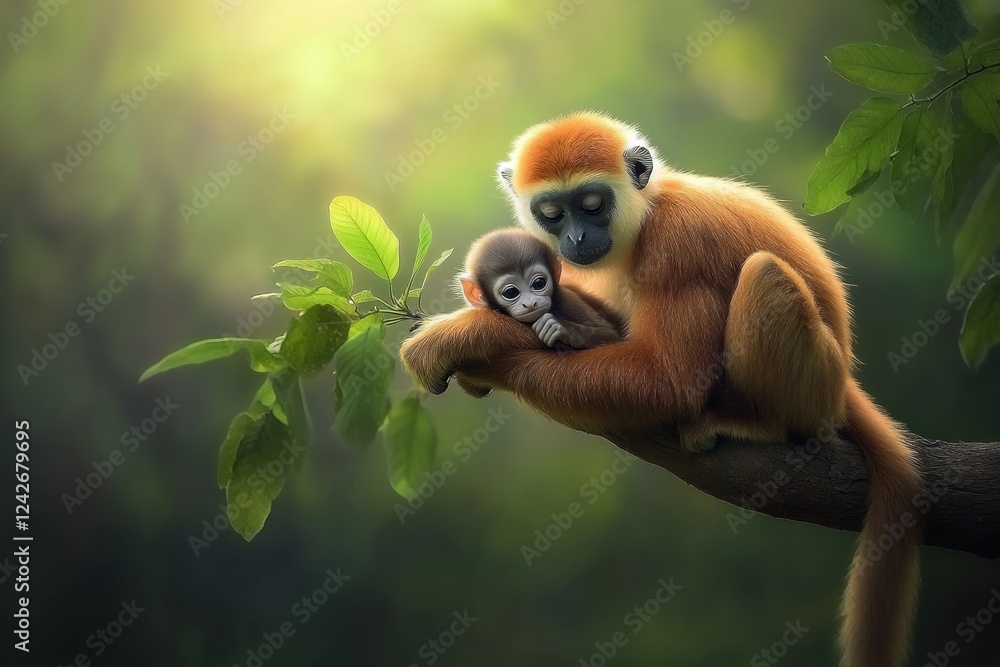 A mother monkey tenderly cradles her baby on a tree branch, sunlight filtering through the leaves. A mother monkey tenderly cradles her baby on a tree branch, sunlight filtering through the leaves.
