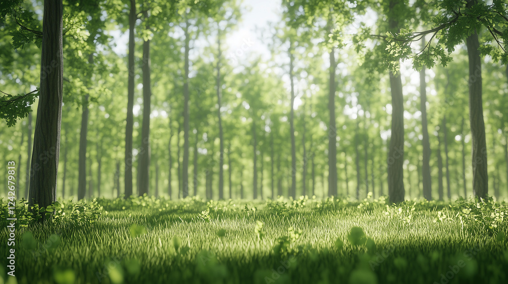 Serene Forest Clearing: Sunbeams pierce through a canopy of trees, illuminating a tranquil forest clearing with dappled sunlight and lush green foliage. Serene Forest Clearing: Sunbeams pierce through a canopy of trees, illuminating a tranquil forest clearing with dappled sunlight and lush green foliage.