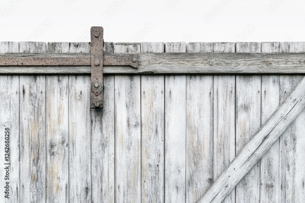 Rustic whitewashed wooden fence with old rusty metal sliding gate hardware. Rustic whitewashed wooden fence with old rusty metal sliding gate hardware.