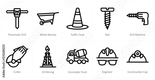 A set of 10 industry icons as pneumatic drill, wheel barrow, traffic cone
